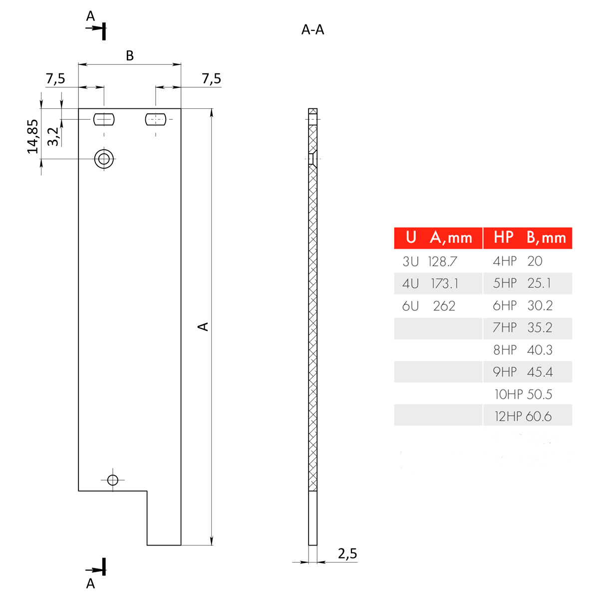 Лицевая панель 6U6HP под инжектор-экстрактор тип V-1 низ