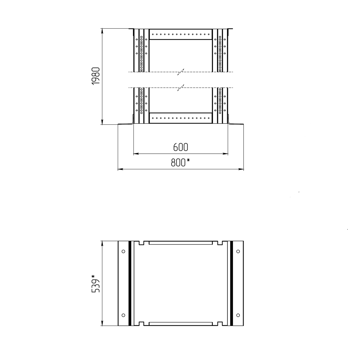 19-дюймовая открытая напольная двухрамная стойка 42U, 600 мм