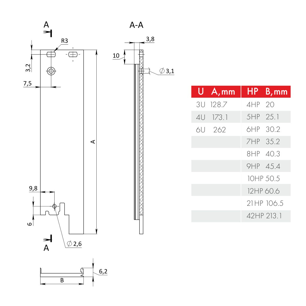 Лицевая панель U-образная 3U6HP под инжектор-экстрактор тип V-2/V-W низ
