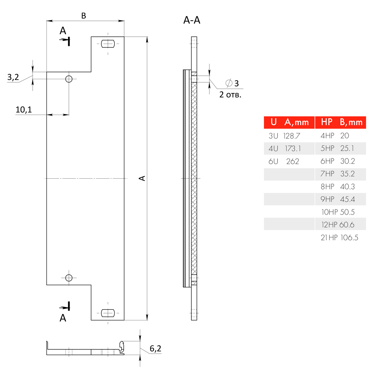 Лицевая панель U-образная 6U10HP под ручку-экстрактор тип 3 верх/низ