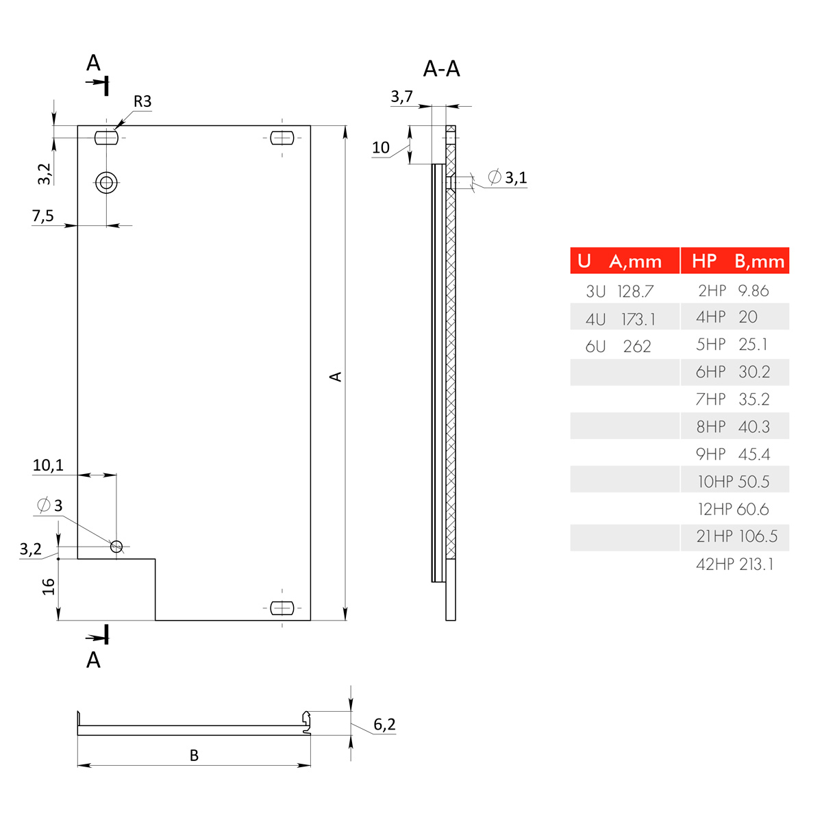 Лицевая панель U-образная 6U11HP под инжектор-экстрактор тип V-1 низ