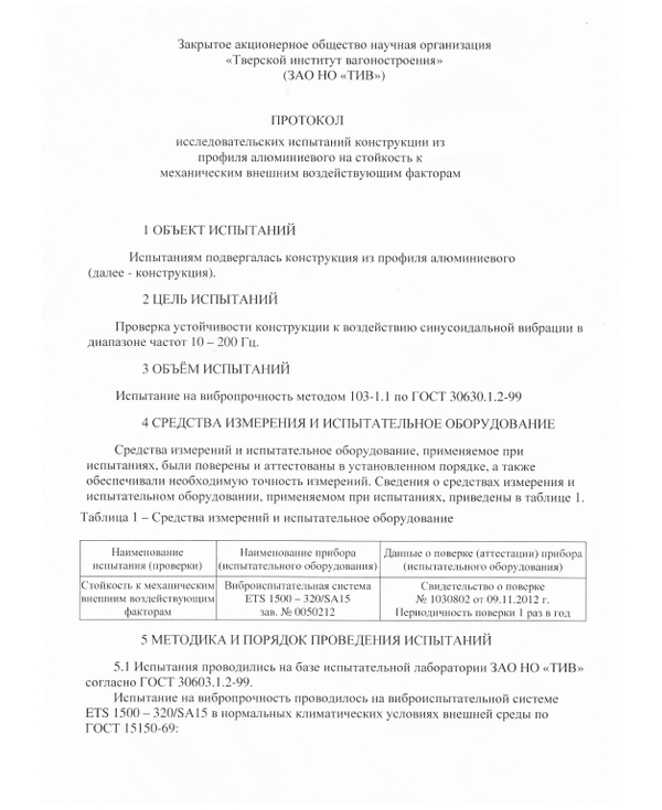 Протокол исследовательских испытаний конструкции из профиля алюминиевого