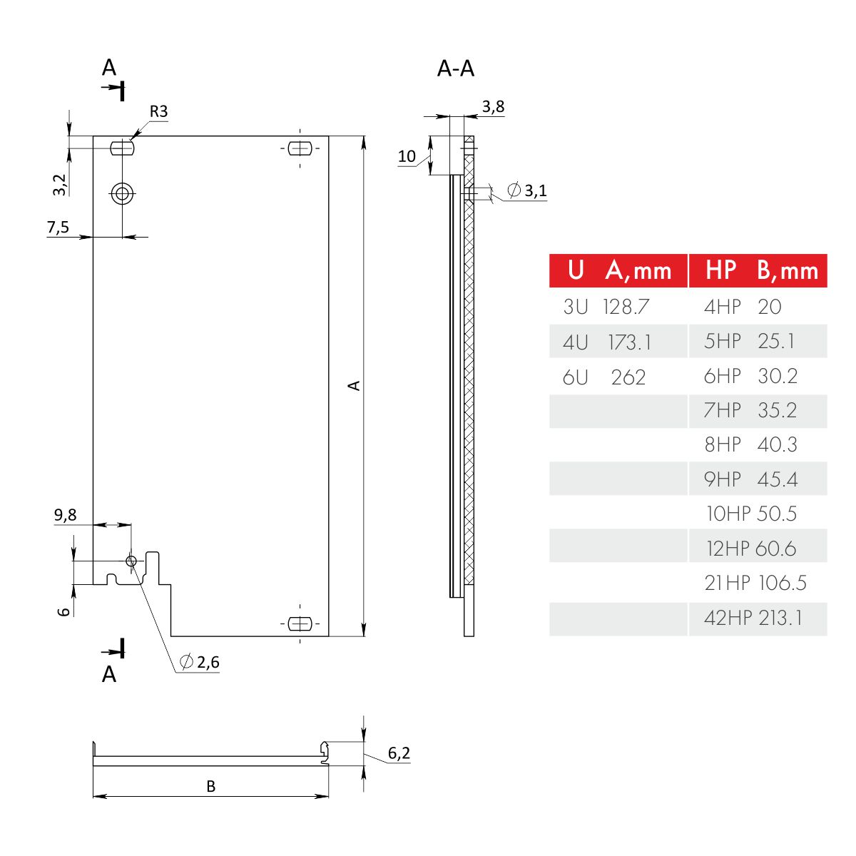 Лицевая панель U-образная 6U10HP под инжектор-экстрактор тип V-2/V-W низ