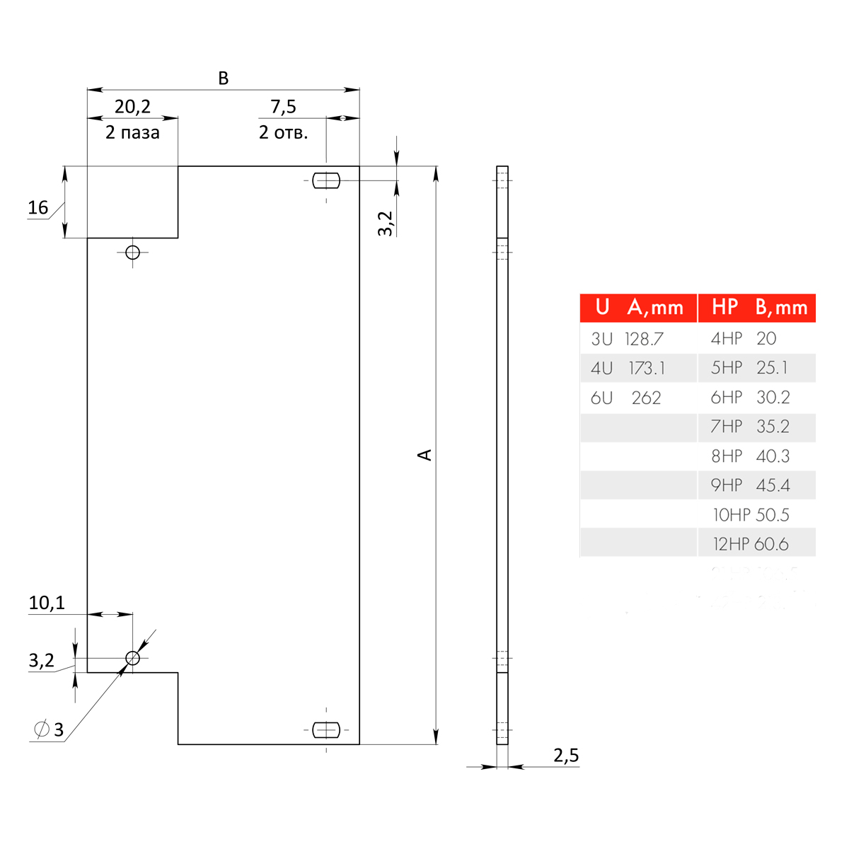 Лицевая панель 4U11HP под ручку-экстрактор тип 3 верх/низ