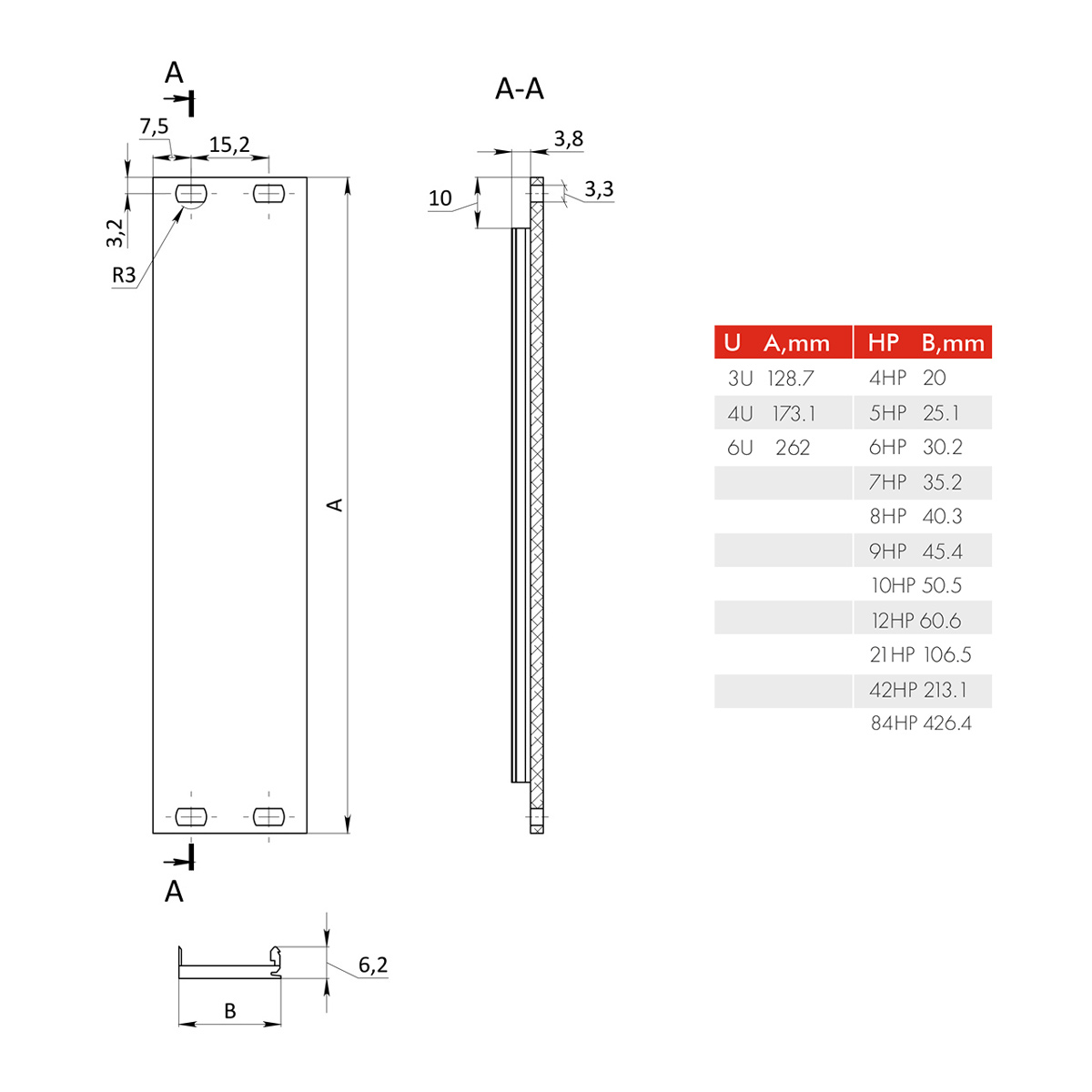 Лицевая панель U-образная 6U8HP