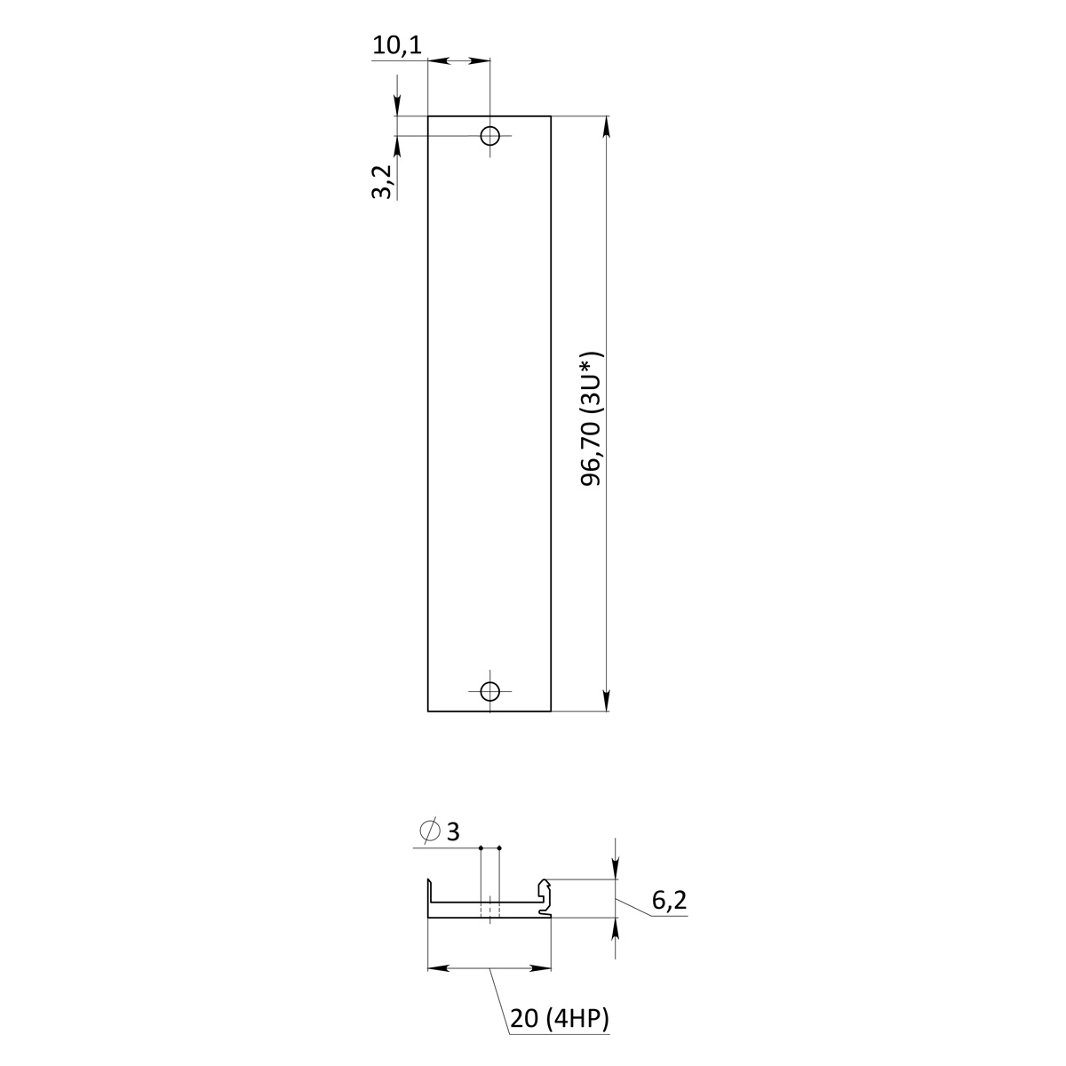 Лицевая панель U-образная 3U4HP под инжектор-экстрактор тип V-1  верх/низ